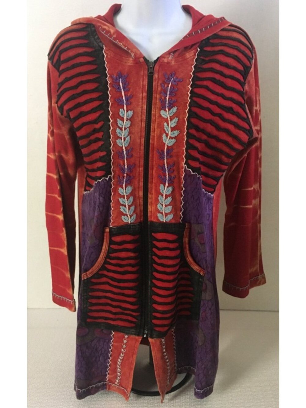 Windhorse Jacket Size L Boho Red Black Purple Patchwork Embroidered Hooded